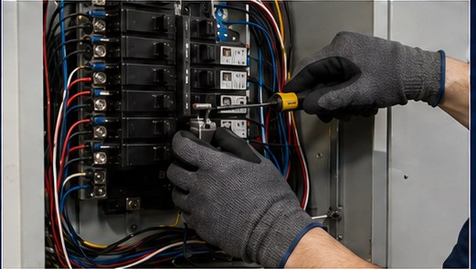Hands working in an electrical panel