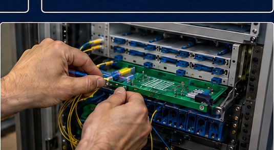 Hands working in a fiber telecom rack